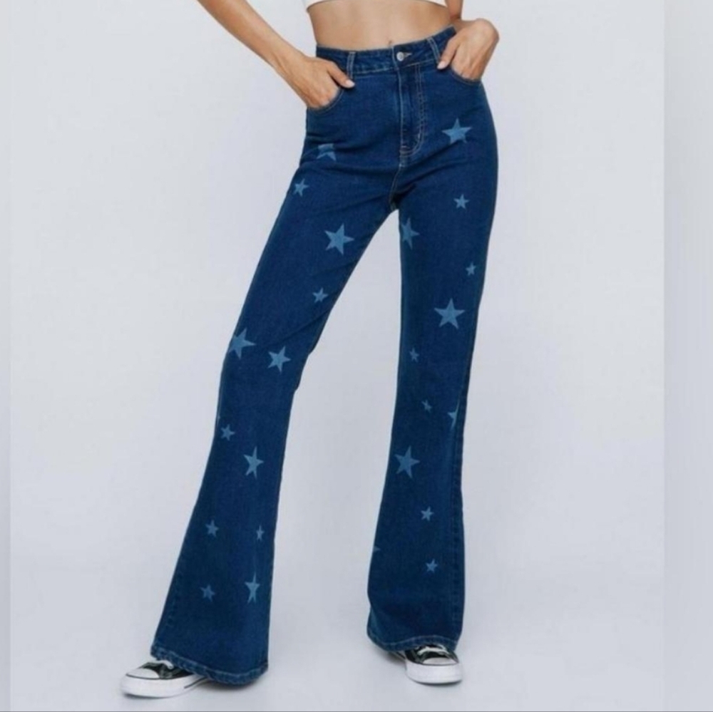 Star Printed Denim Bell Bottoms